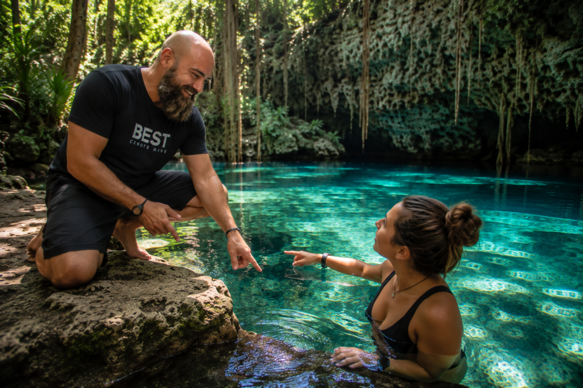 Cave diving instructor explaining cenote diving techniques beside a crystal-clear cenote in Tulum, Mexico.