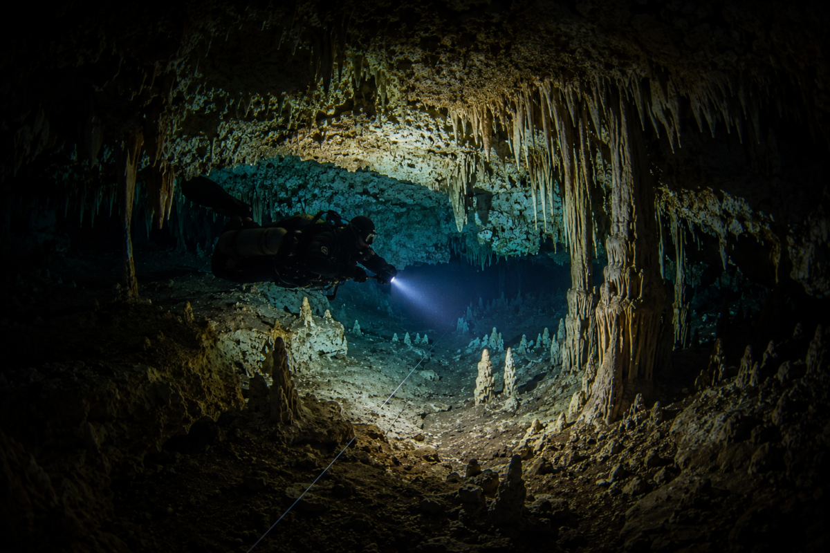 Cave diver exploring a narrow passage inside Dreamgate Cenote near Tulum, surrounded by stalactites and limestone formations