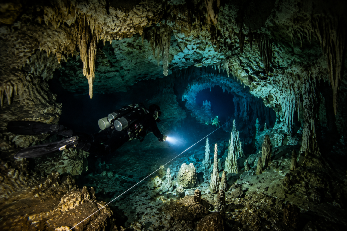 Cave diver exploring the Car Wash Cenote cave system near Tulum Mexico