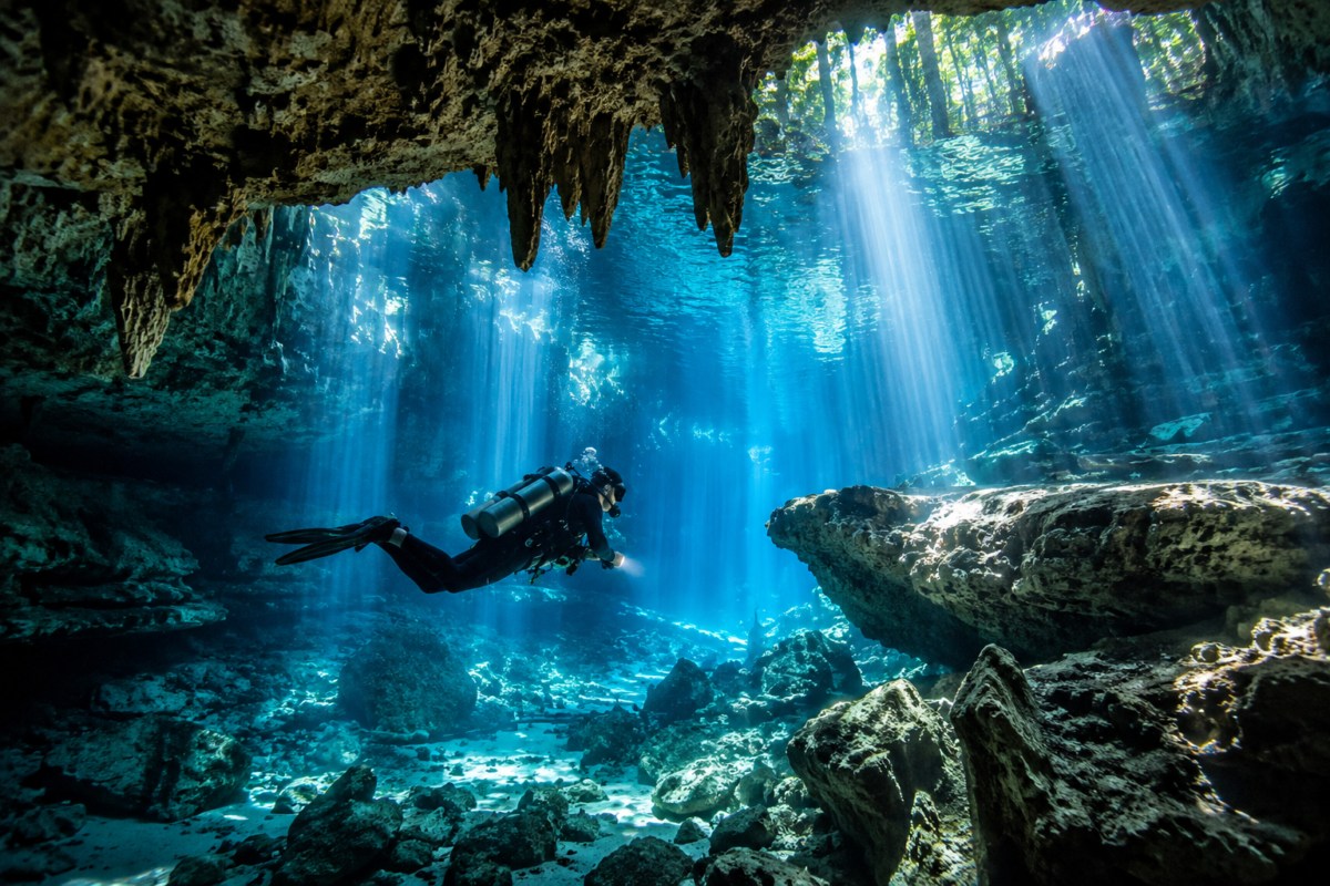 Diver exploring the cavern zone at Car Wash Cenote near Tulum Mexico