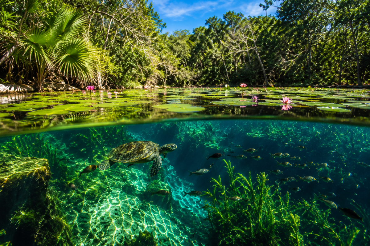 Freshwater turtle swimming beneath lily pads at Car Wash Cenote near Tulum Mexico
