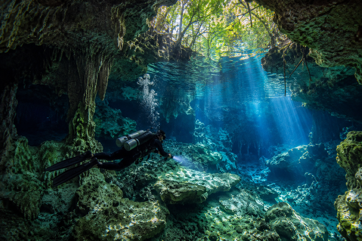 Diver exploring the cavern zone of Casa Cenote beneath dramatic light rays and mangrove roots.