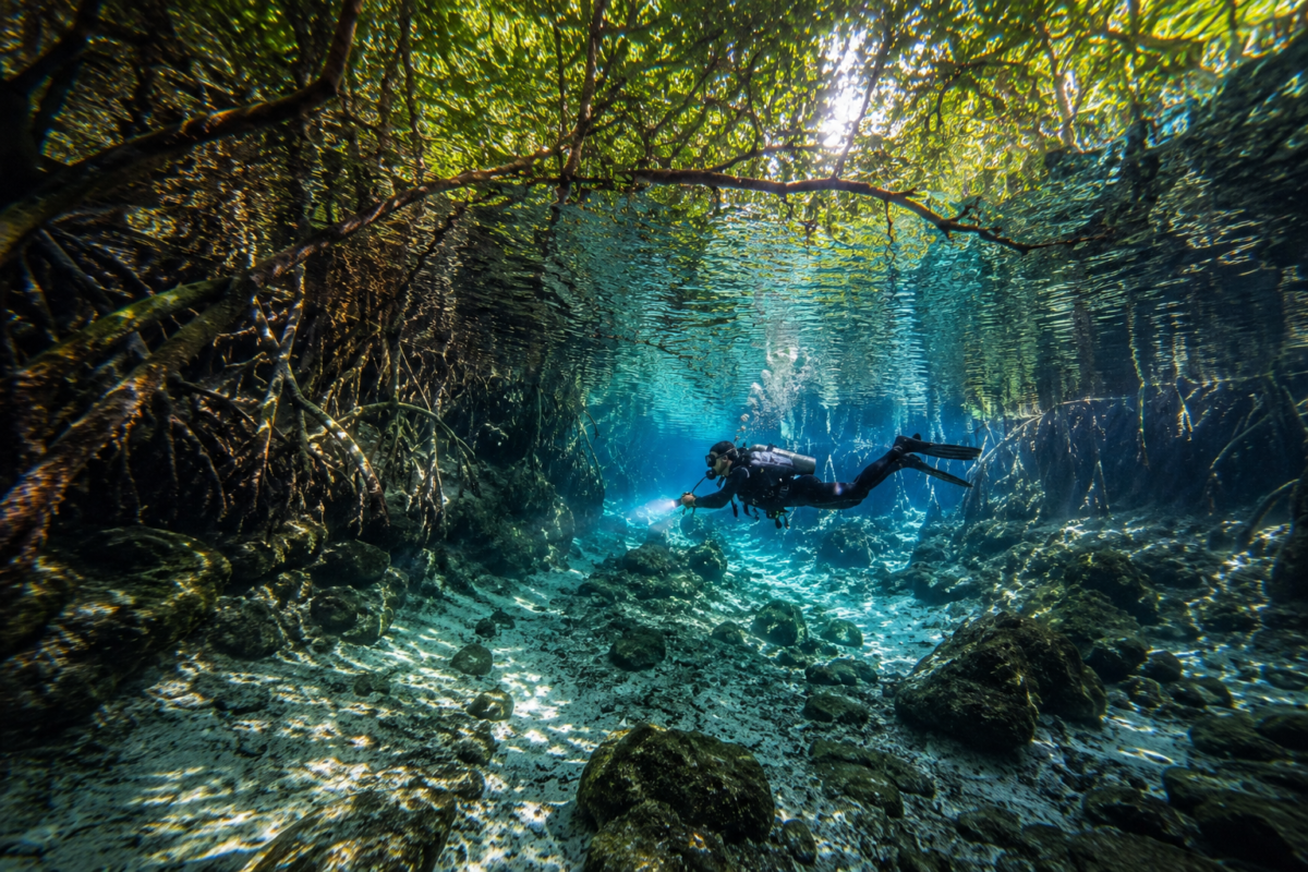 Diver exploring the mangrove roots and crystal-clear waters of Casa Cenote in Tulum, Mexico.
