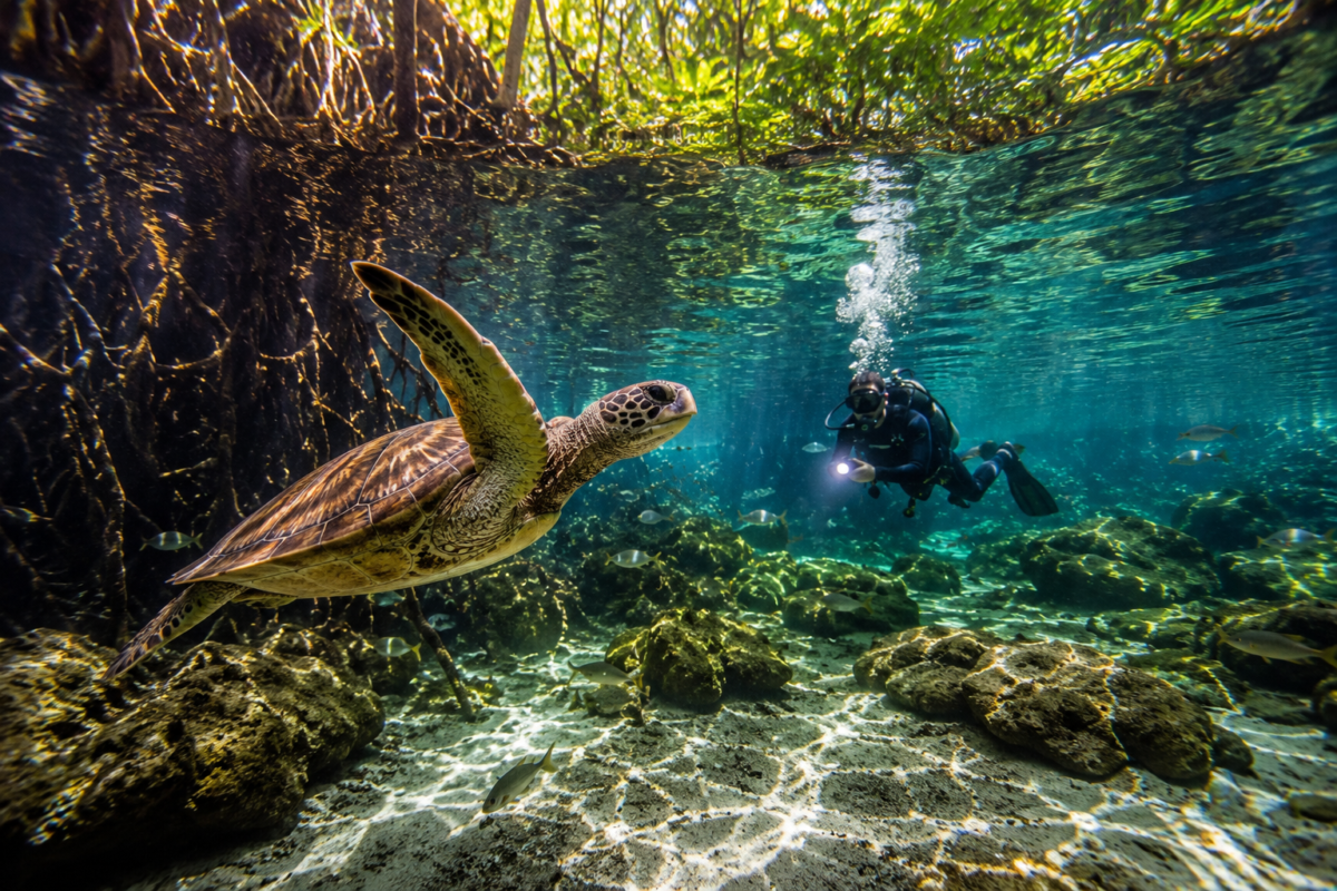 Sea turtle swimming through the crystal-clear waters of Casa Cenote with a diver in the background.