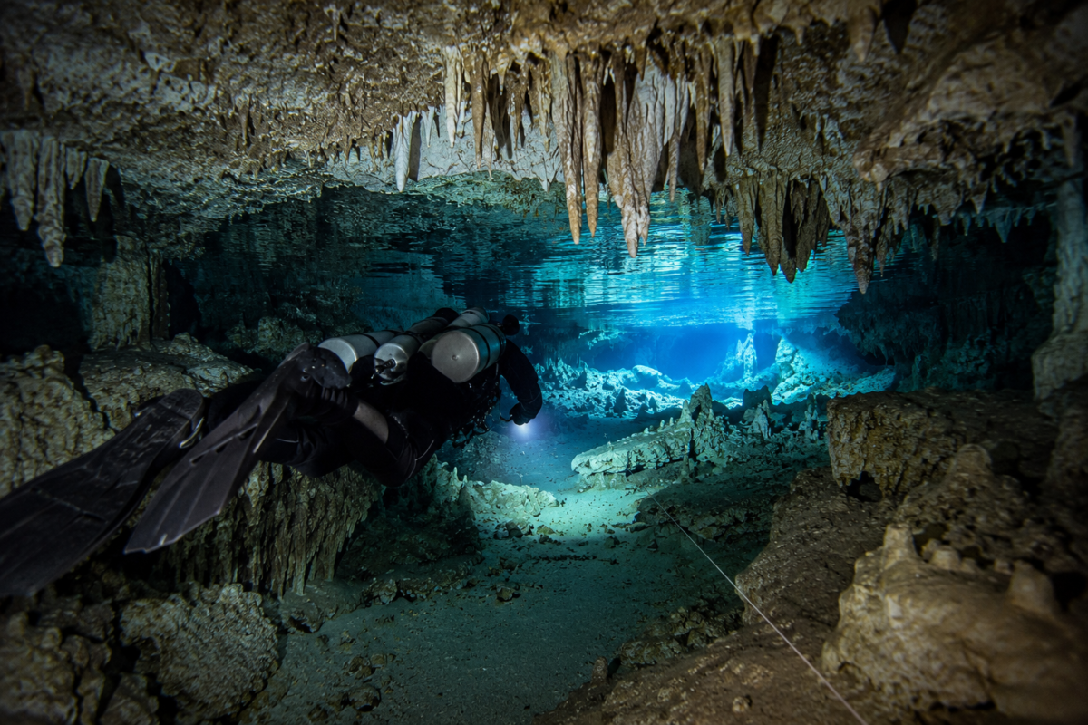 Cave diving in Tulum swimming through a narrow cenote cave passage in Mexico