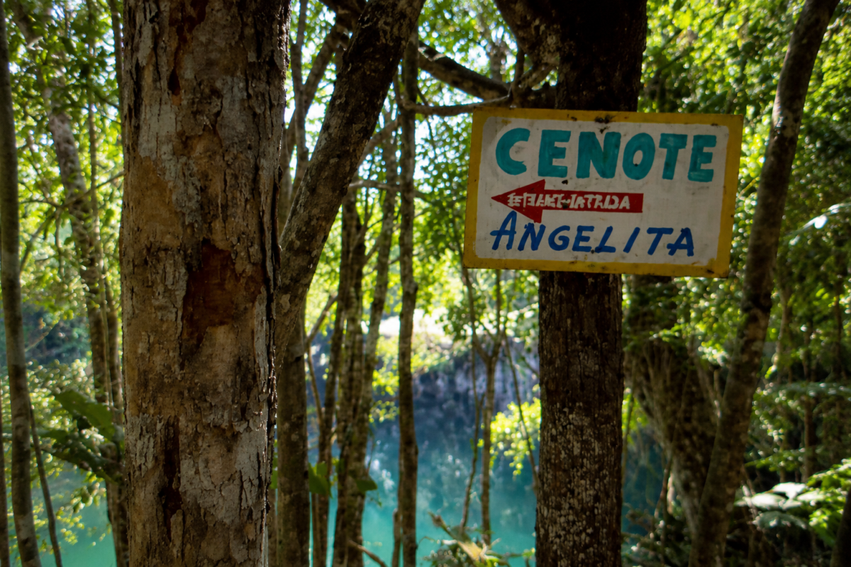 Entrance sign for Cenote Angelita surrounded by jungle near Tulum in the Riviera Maya Mexico