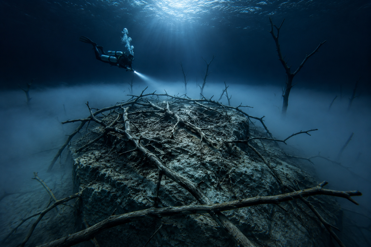 Scuba diver exploring the underwater island and hydrogen sulfide cloud at Cenote Angelita near Tulum Mexico