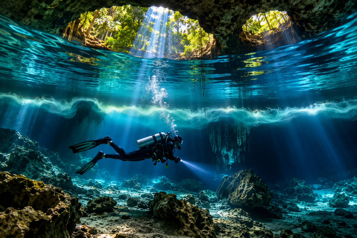 Cavern diver exploring Cenote Calavera's Temple of Doom chamber near Tulum.