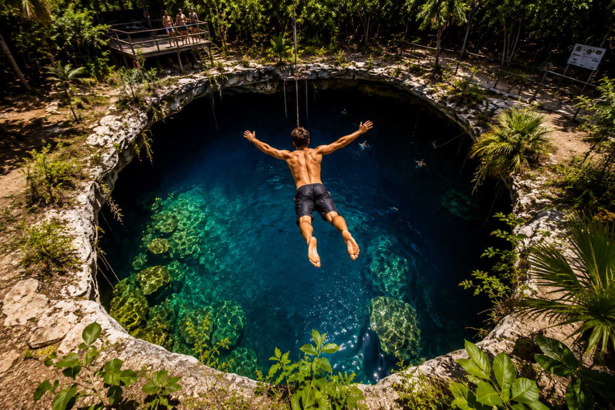 Visitor jumping into Cenote Calavera's crystal-clear waters in Tulum, Mexico.
