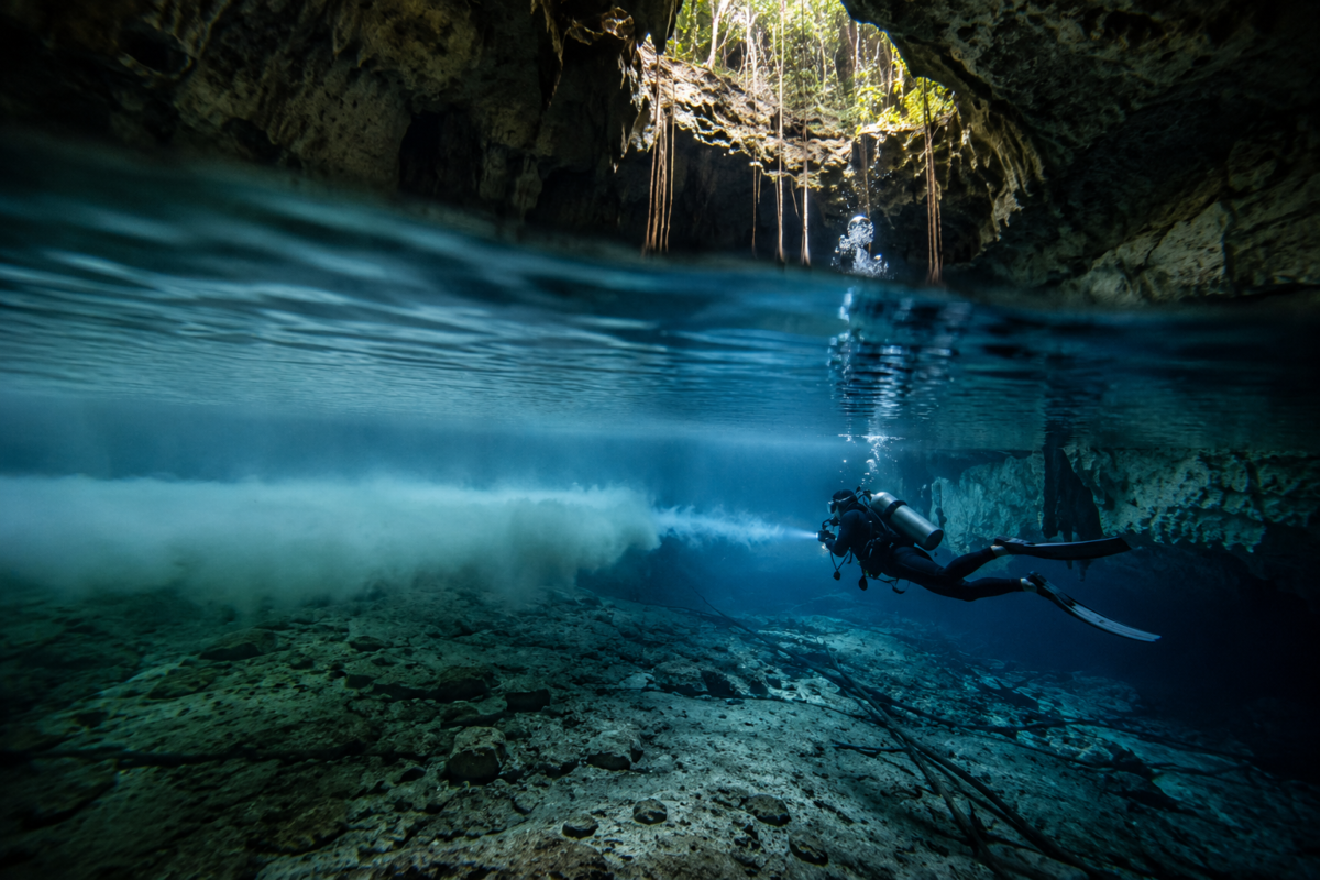 Diver passing through the halocline at Cenote Calavera in Tulum, Mexico.