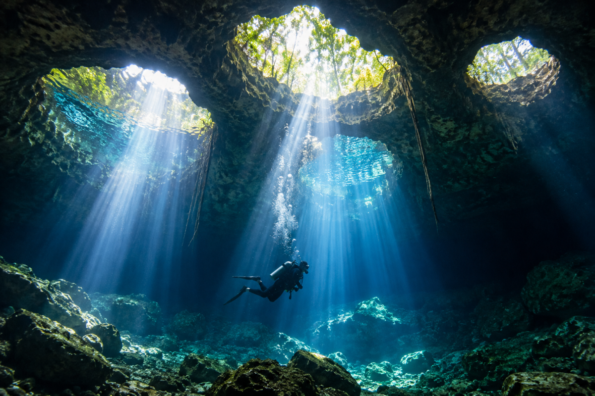 Sunlight streaming into the Temple of Doom cavern at Cenote Calavera near Tulum.