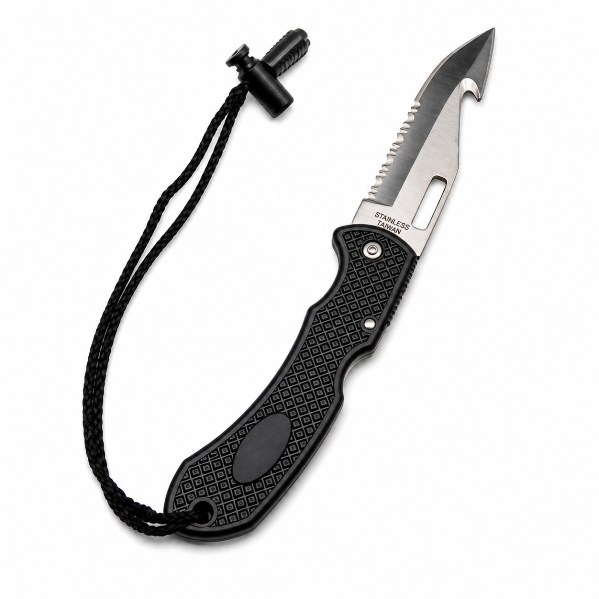 Compact folding dive knife with serrated blade and line cutter for scuba diving