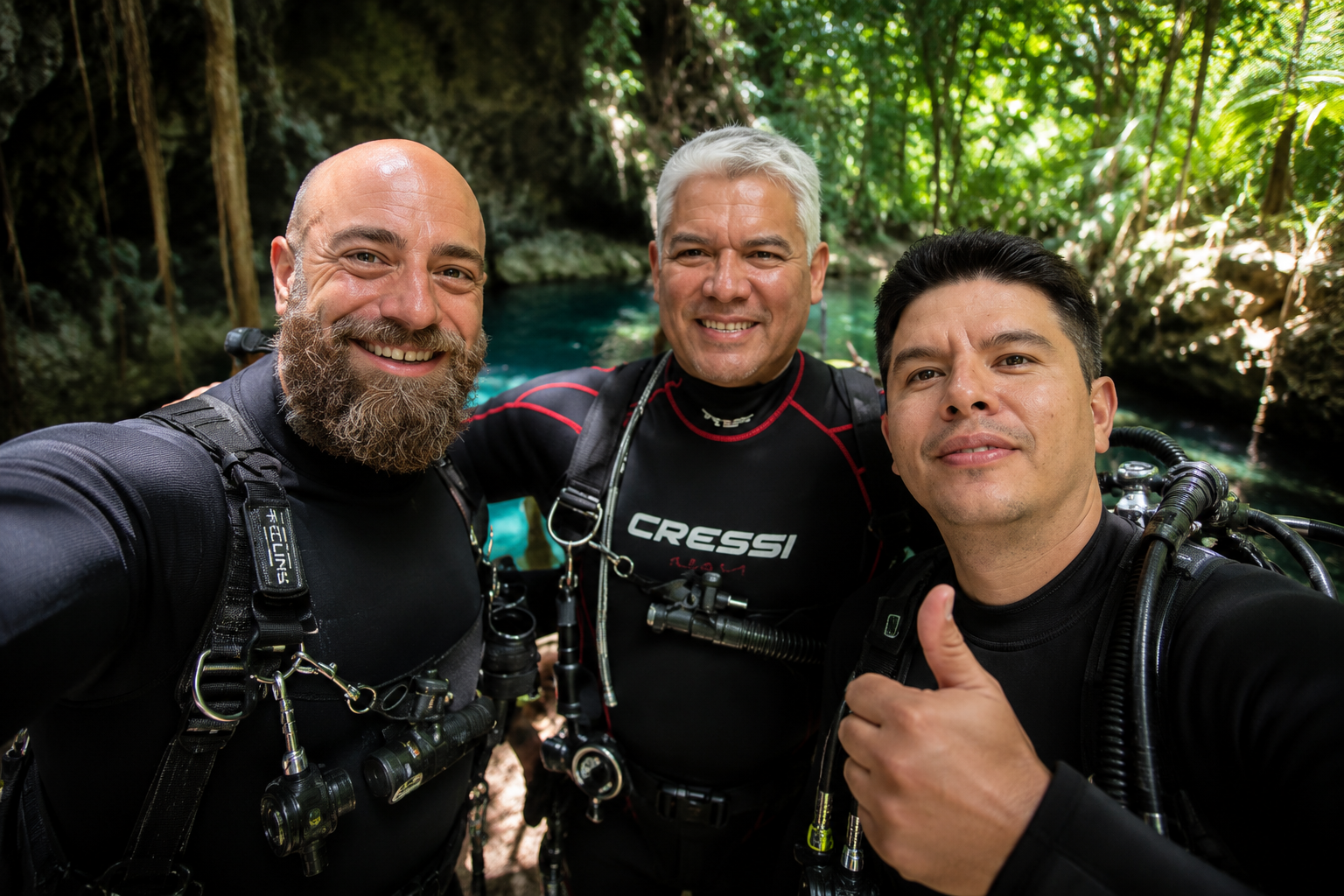 Dominic Evans with fellow cave divers at a cenote in Tulum, Mexico, before a cave diving expedition.