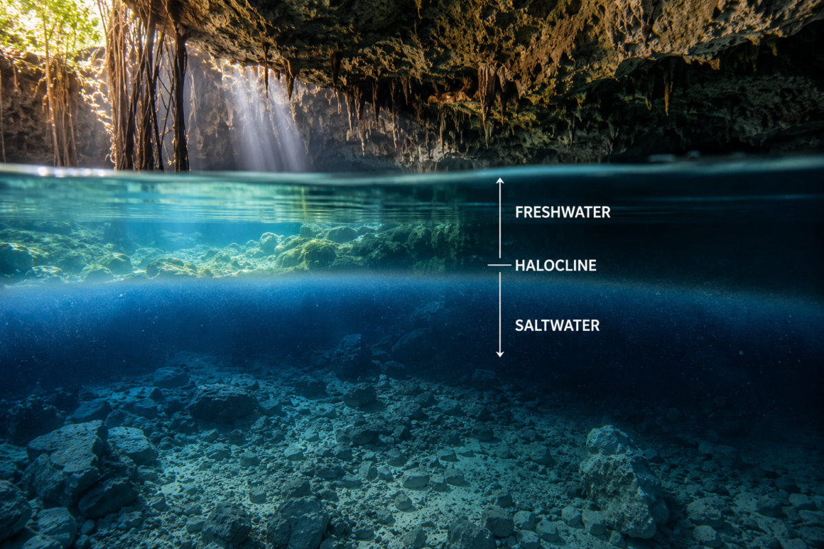 Freshwater and saltwater meeting in a cenote halocline