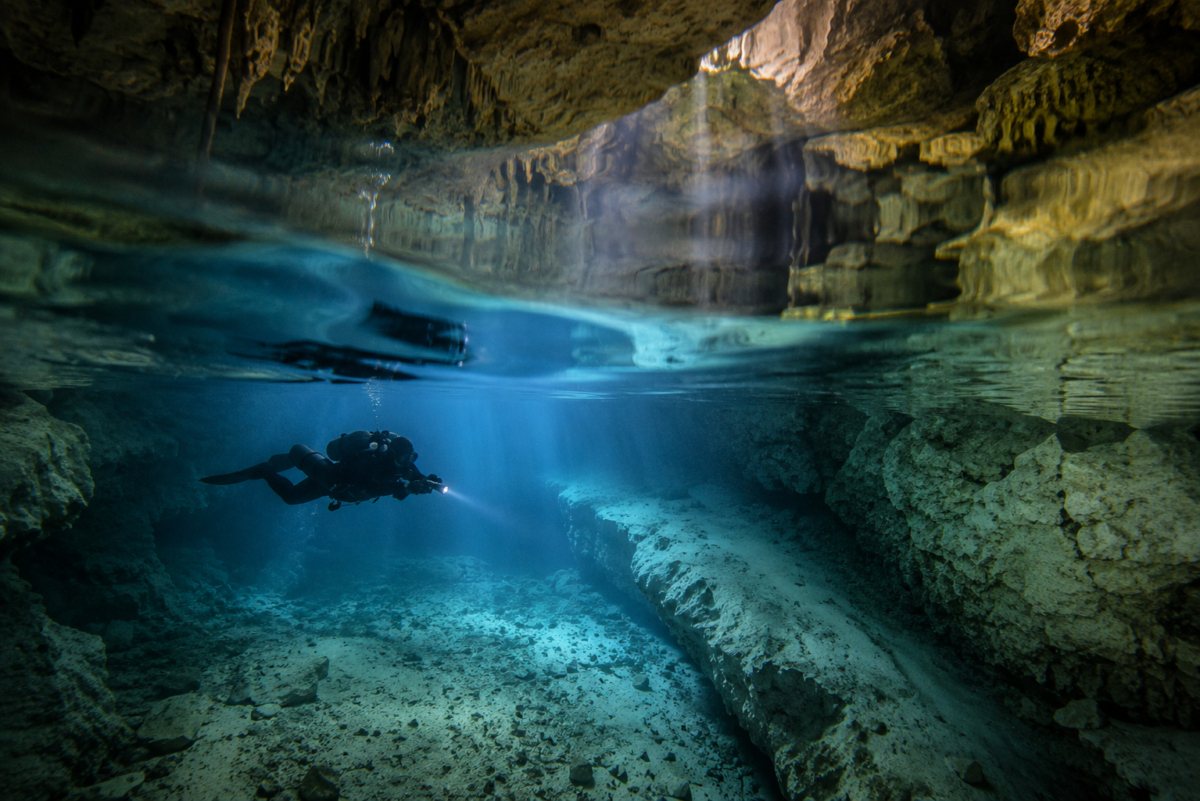 Underwater distortion caused by a halocline in a cenote cave