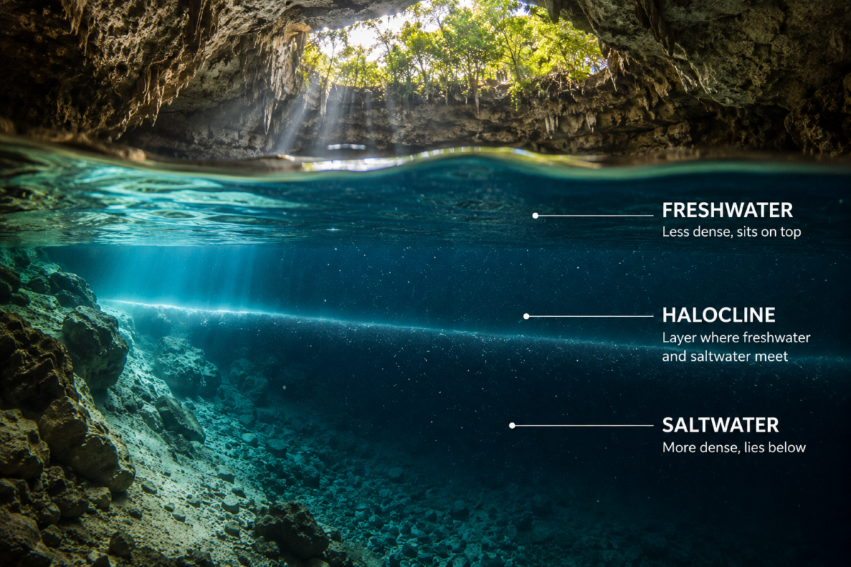 Visual example of a halocline compared to a thermocline underwater