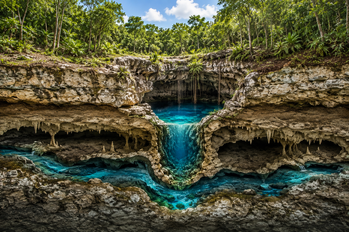Cross section showing a cenote formation with underground rivers, limestone caves, and a collapsed cave ceiling in the Yucatan Peninsula