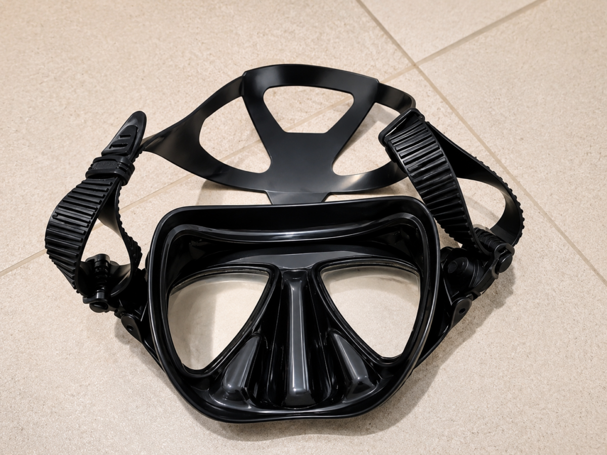 Inside of a scuba diving mask showing the mask strap positioned over the top before putting it on