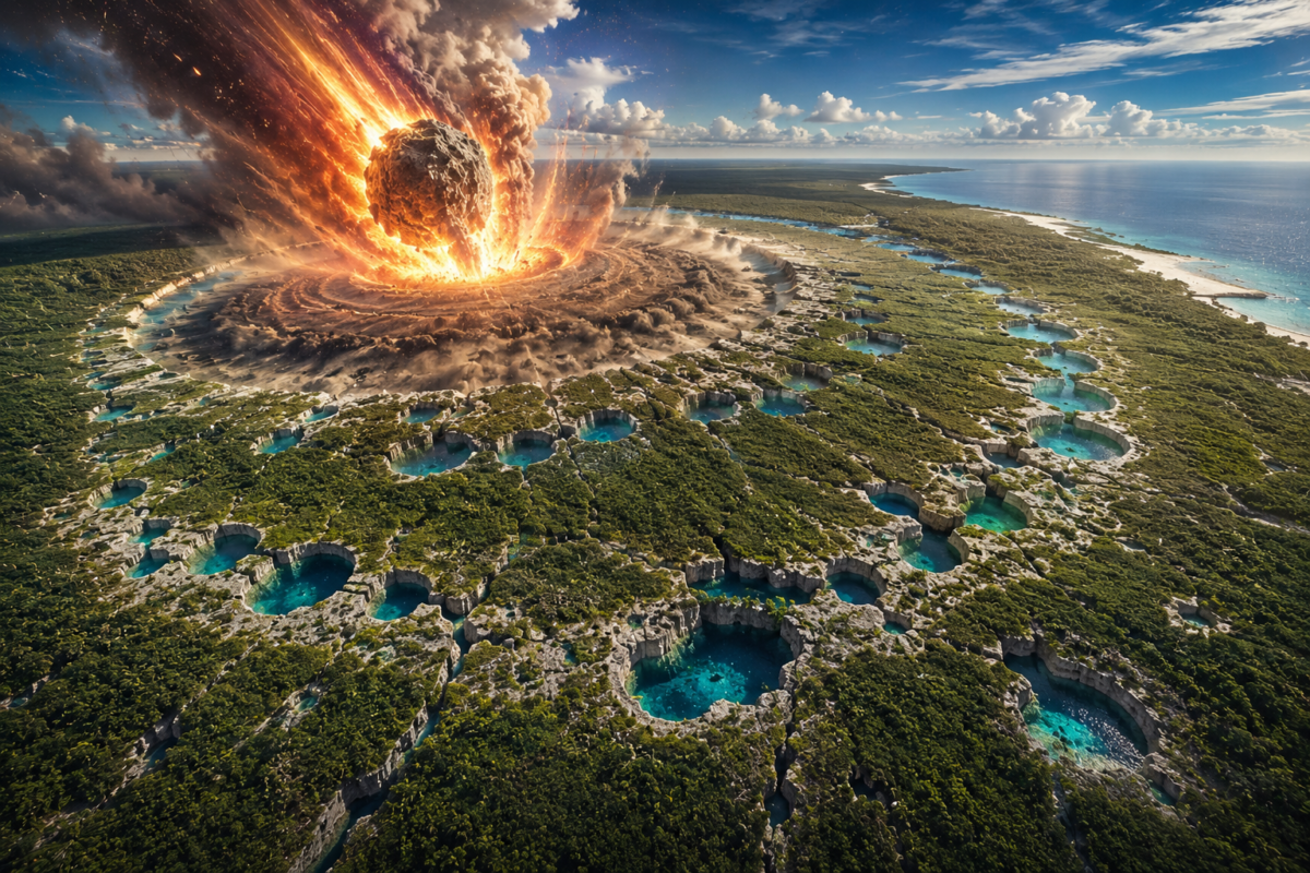 Artistic reconstruction of the Chicxulub asteroid impact that helped shape the Ring of Cenotes in the Yucatan Peninsula, Mexico