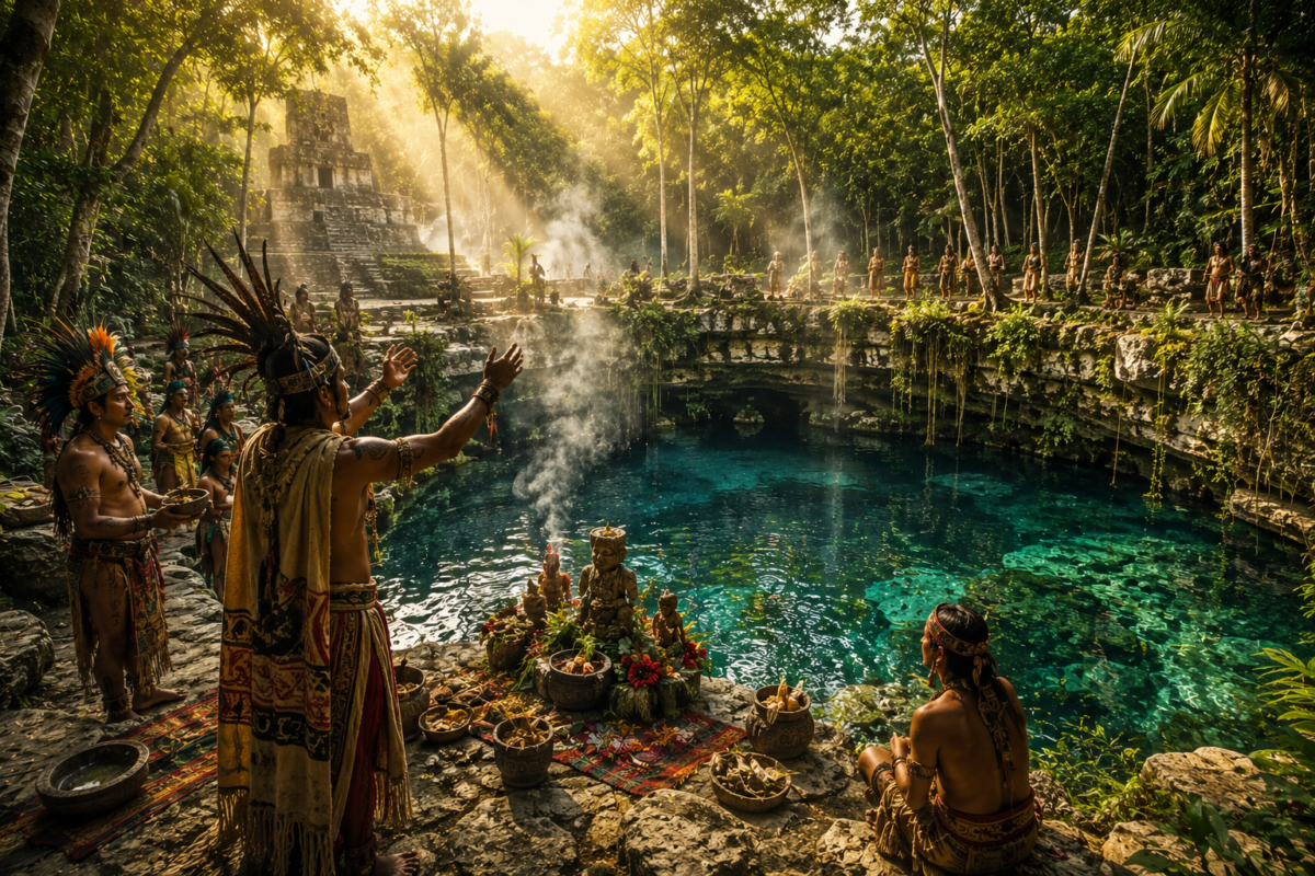 Ancient Maya ceremony taking place beside a sacred cenote in the Yucatan Peninsula of Mexico
