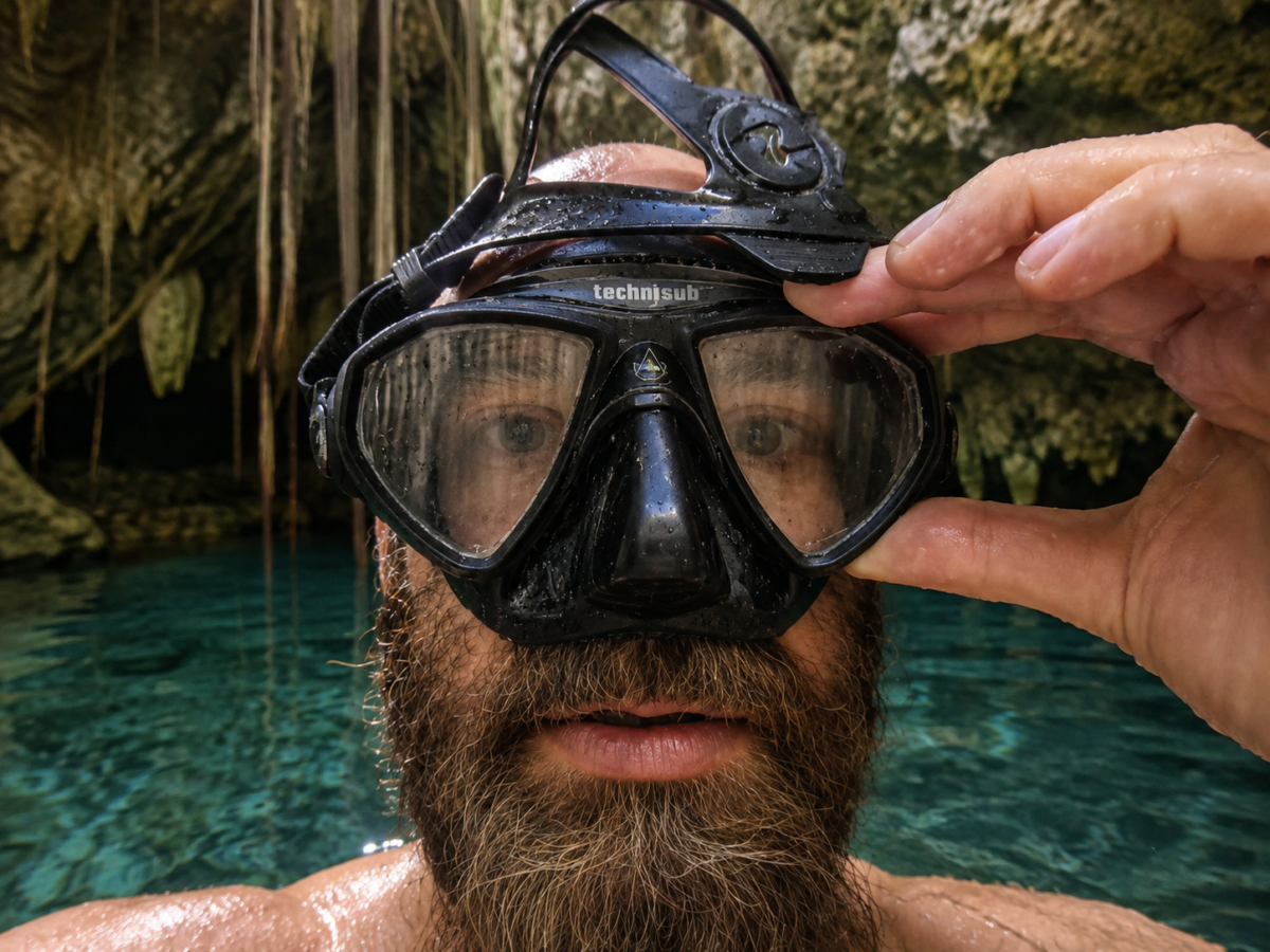 Diver testing the fit of a scuba mask by holding it against his face and inhaling gently through his nose