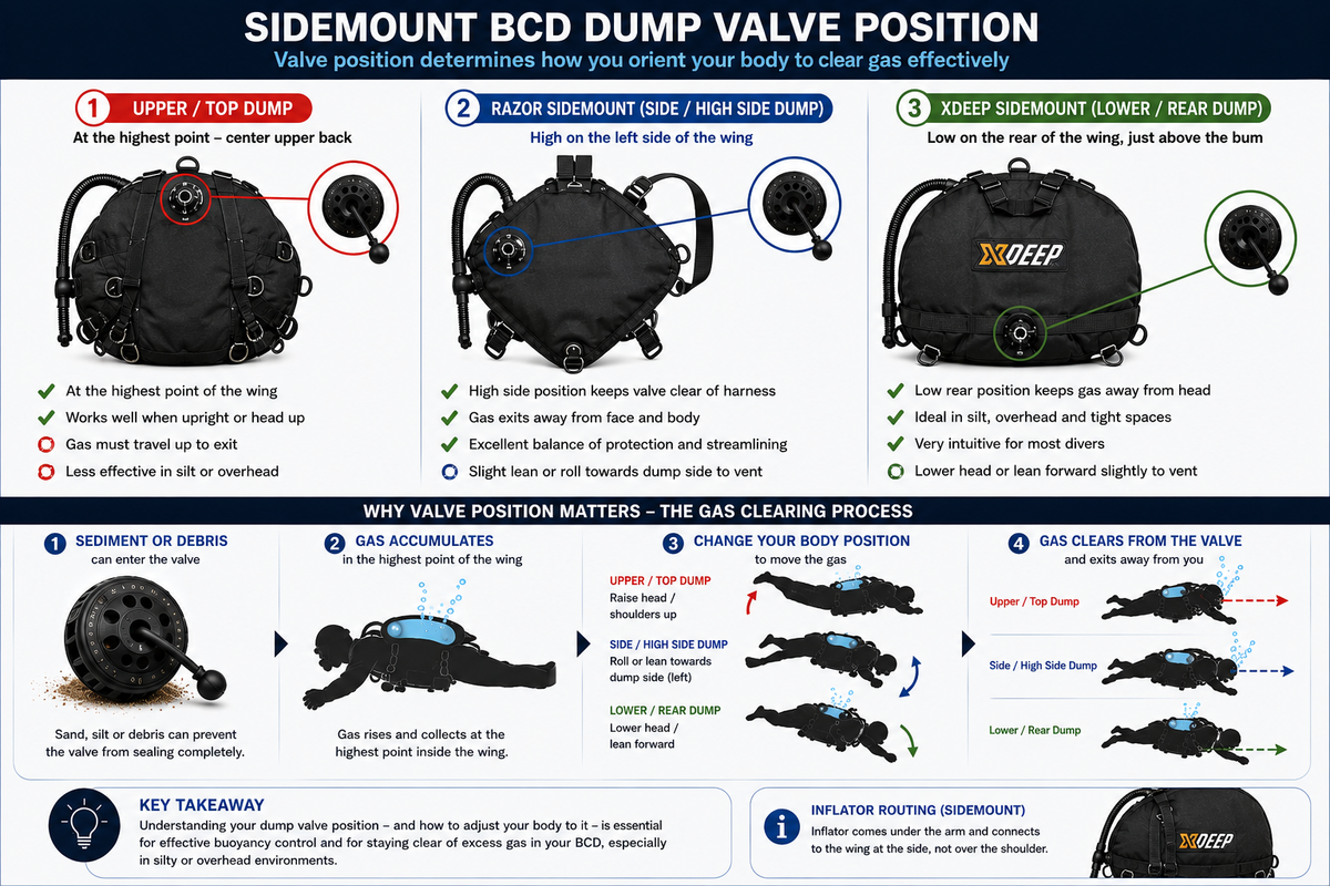 Sidemount BCD dump valve position comparison for cave diving