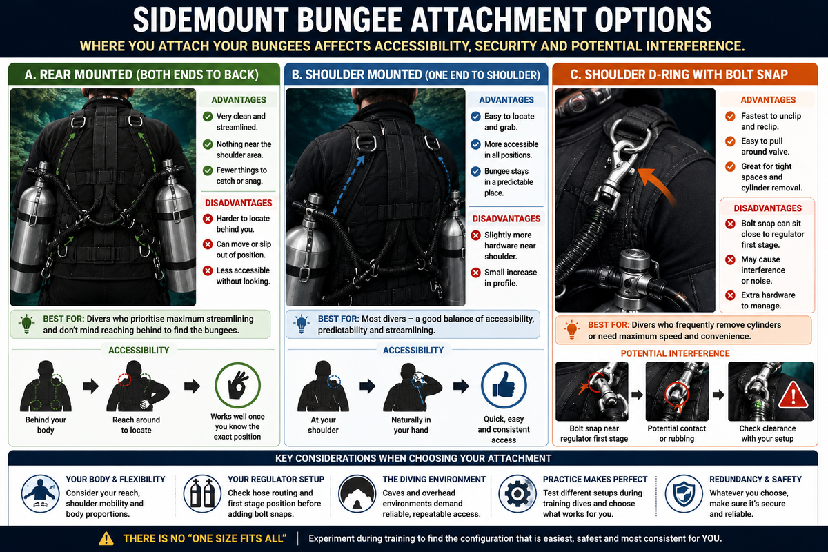 Sidemount bungee attachment options for sidemount diving