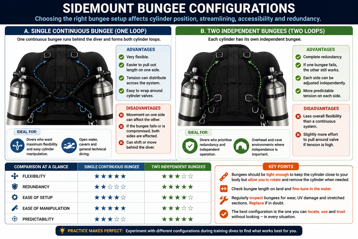 Sidemount bungee configuration comparison – continuous vs independent bungees