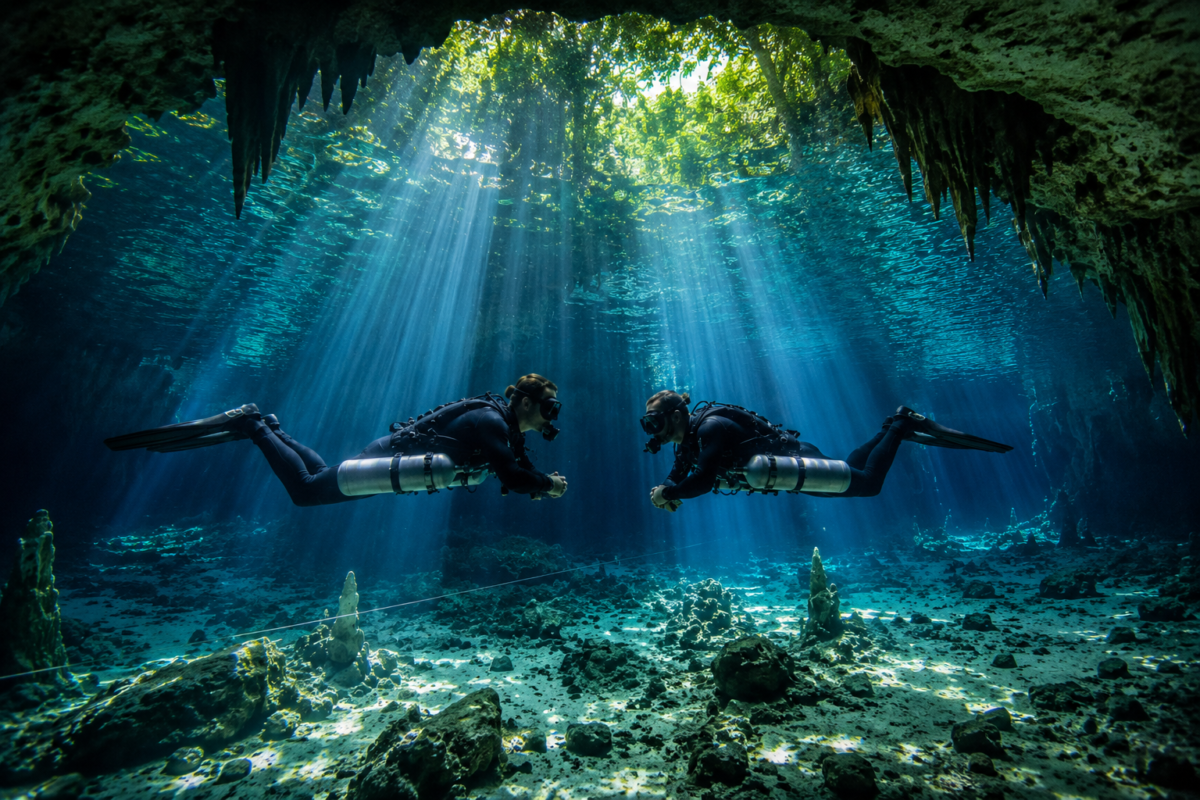 Scuba diver demonstrating excellent buoyancy control and trim while diving in a crystal-clear cenote in Tulum, Mexico.