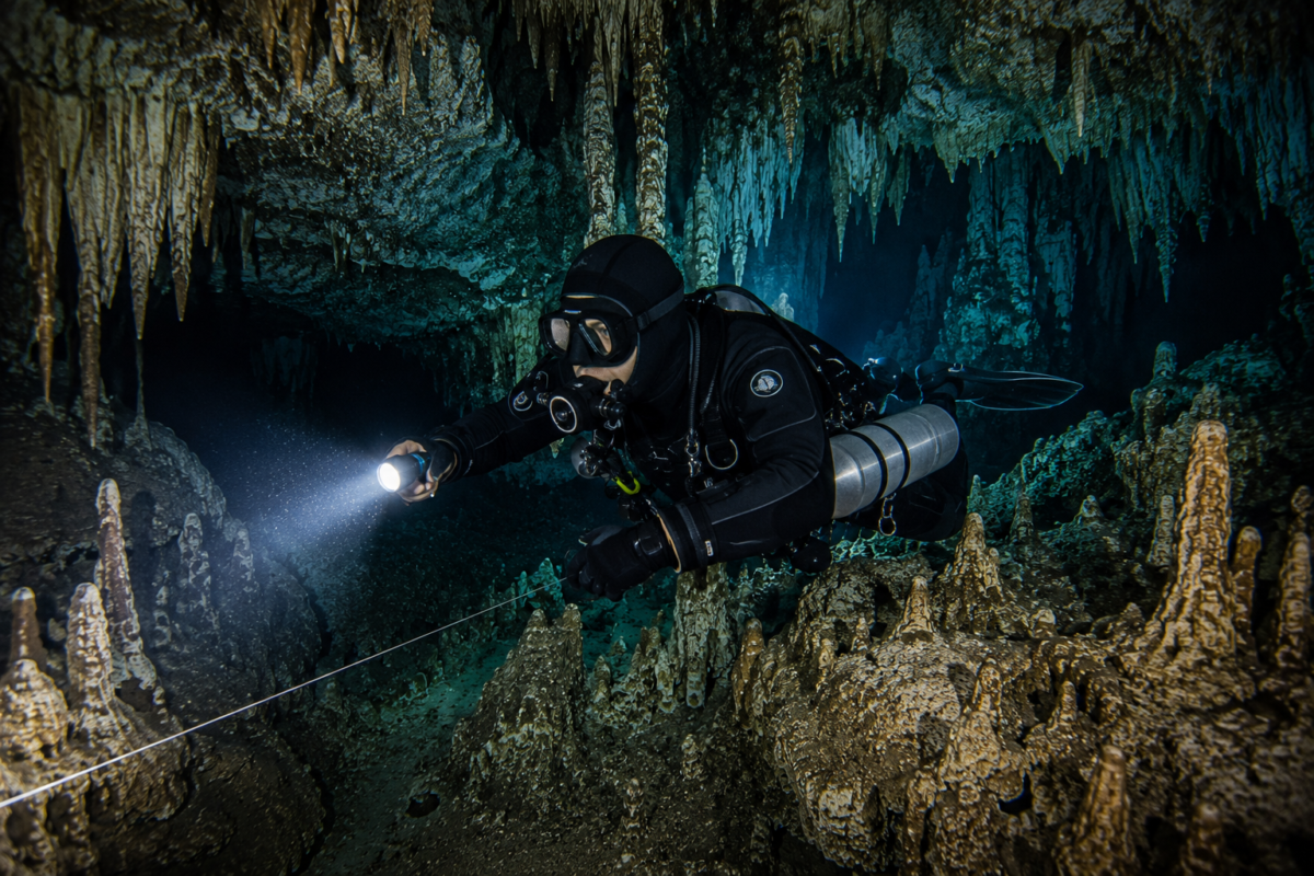 Sidemount cave diver following a guideline through an underwater cave in Mexico