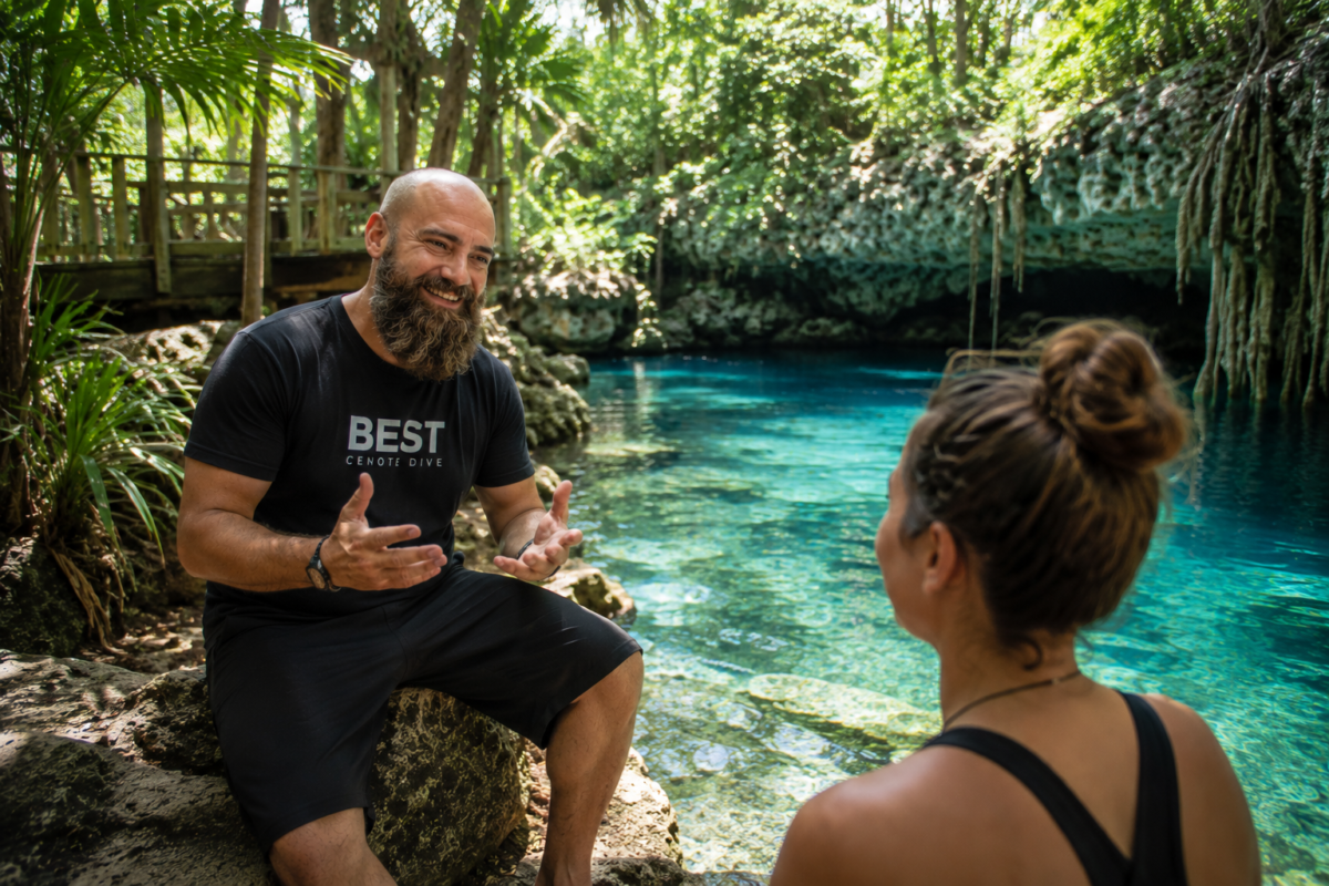 Student learning sidemount diving skills during training in a Tulum cenote